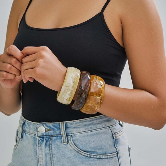 Acrylic Chunky Resin Bracelet Set 3PCS Vintage Boho Wide Bangle Jewelry - Picture 5 of 7